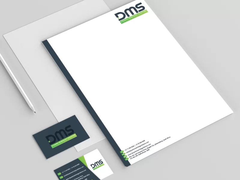 Vibrant letterhead and business card design for DMS - Dynamic Metrology Solutions. The energetic lime green and navy blue colour palette evokes innovation and precision. The logo, featuring a measuring line, symbolises accuracy and expertise in metrology. Crafted by Rocket Deigns, delivering a bold brand identity for Dynamic Metrology Solutions.