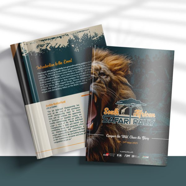 Open pages of a brochure with an image of a male lion