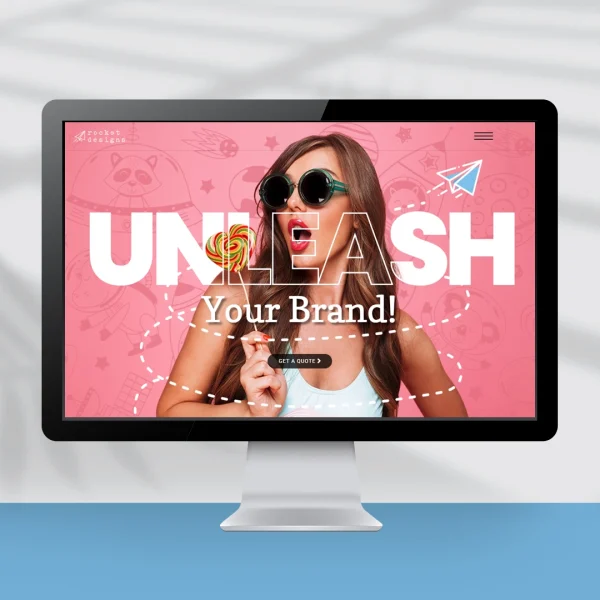 Computer screen showing a website design with a young woman holding a lolly pop