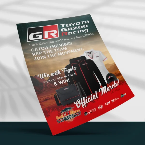 A flyer showing merchandise - a jacket, bag, cap and shirt