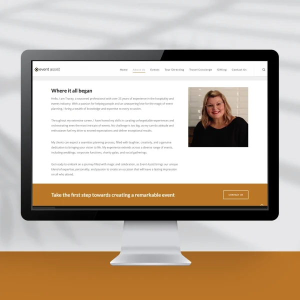 Computer screen showing a website design showing the About Me page with a photo of the owner