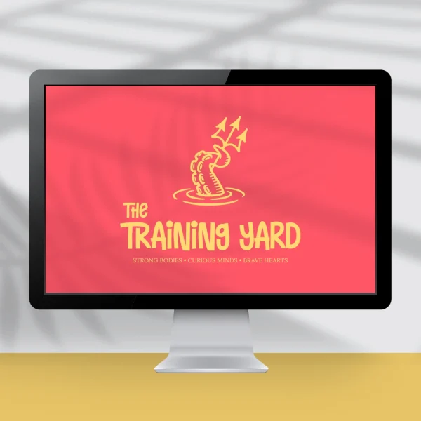 Computer screen showing a logo design with a cartoon octopus tentacle holding a trident