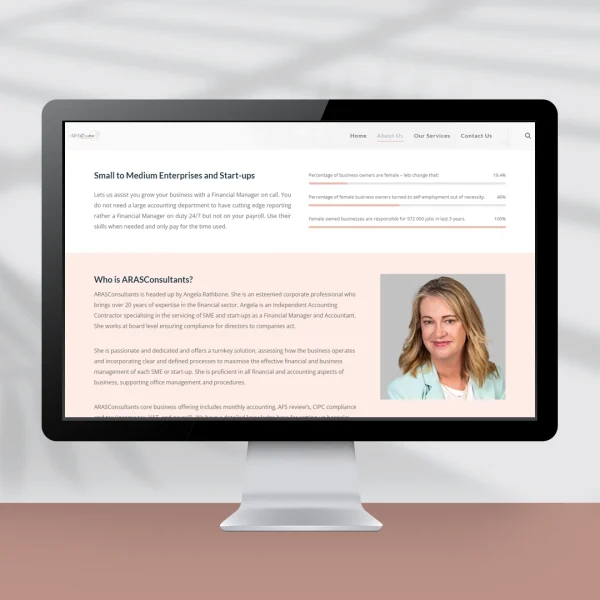 Computer screen showing a website design showing the About Me page with a photo of the owner