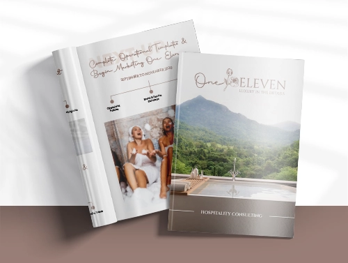 Open pages of a booklet with a hotel scene