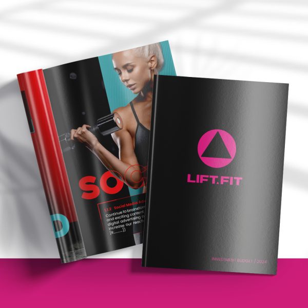 Open pages of a brochure with an image of a lady with weights