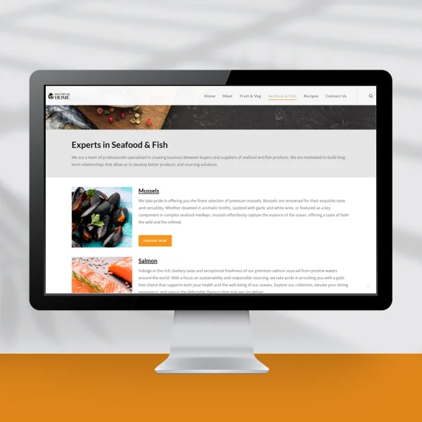 Computer screen showing a website design showing types of seafood