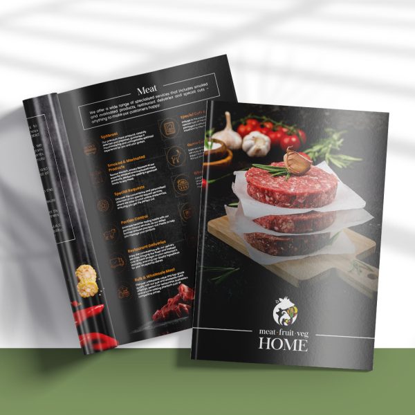 Open pages of a brochure with images of meat