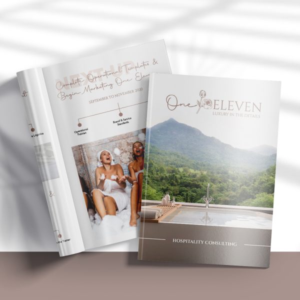 Open pages of a brochure with a hotel image