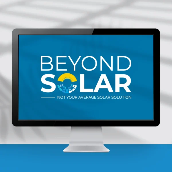 Computer screen showing a logo design with a sun and stylised solar panel