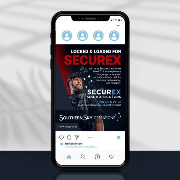 Phone screen showing a social media post design with a man in assault gear