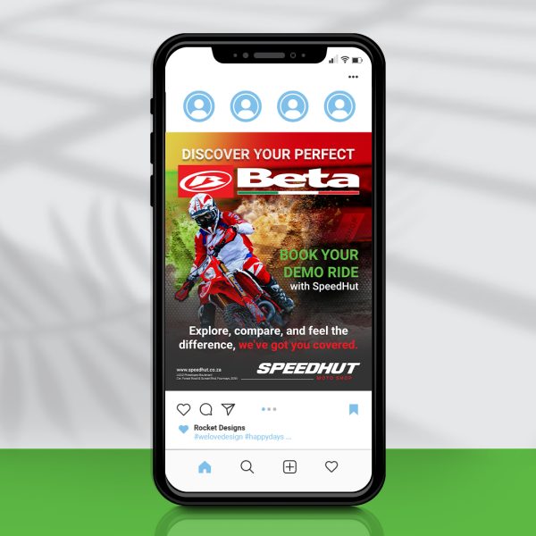 Phone screen showing a social media post design of a dirt bike