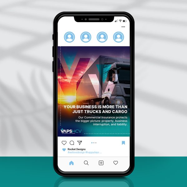 Phone screen showing a social media post design of a truck and a sunset in the background