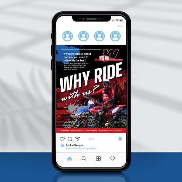 Phone screen showing a social media post design of a man on a dirt bike
