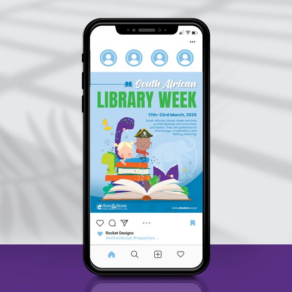 Phone screen showing a social media post design of a cartoon boy sailor with a stack of books and creatures