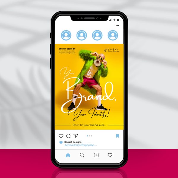 Phone screen showing a social media post design with a man in a bright coloured fluffy coat and glasses