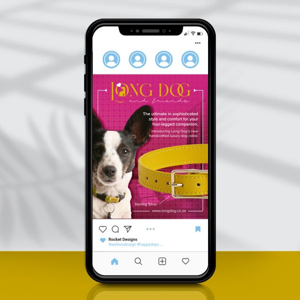 Phone screen showing a social media post design with a dog and dog collar
