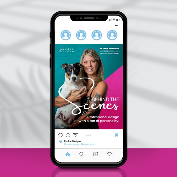 Phone screen showing a social media post design with a woman holding a dog