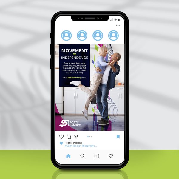 Phone screen showing a social media post design of an elderly couple dancing