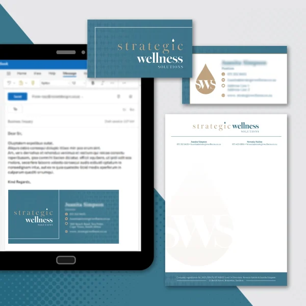 A business card and a letterhead are displayed as well as an email signature on a tablet screen