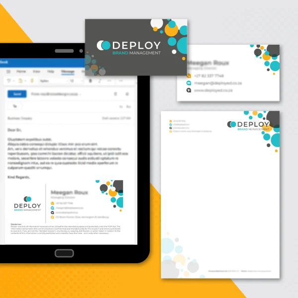 A tablet screen is open to email page with an email signature. A business card and letterhead is also displayed