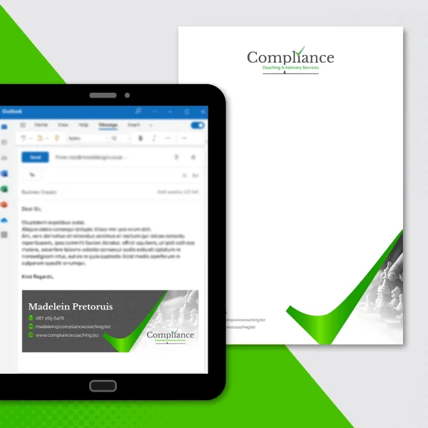 A tablet screen showing an email signature as well as a letterhead design on the side